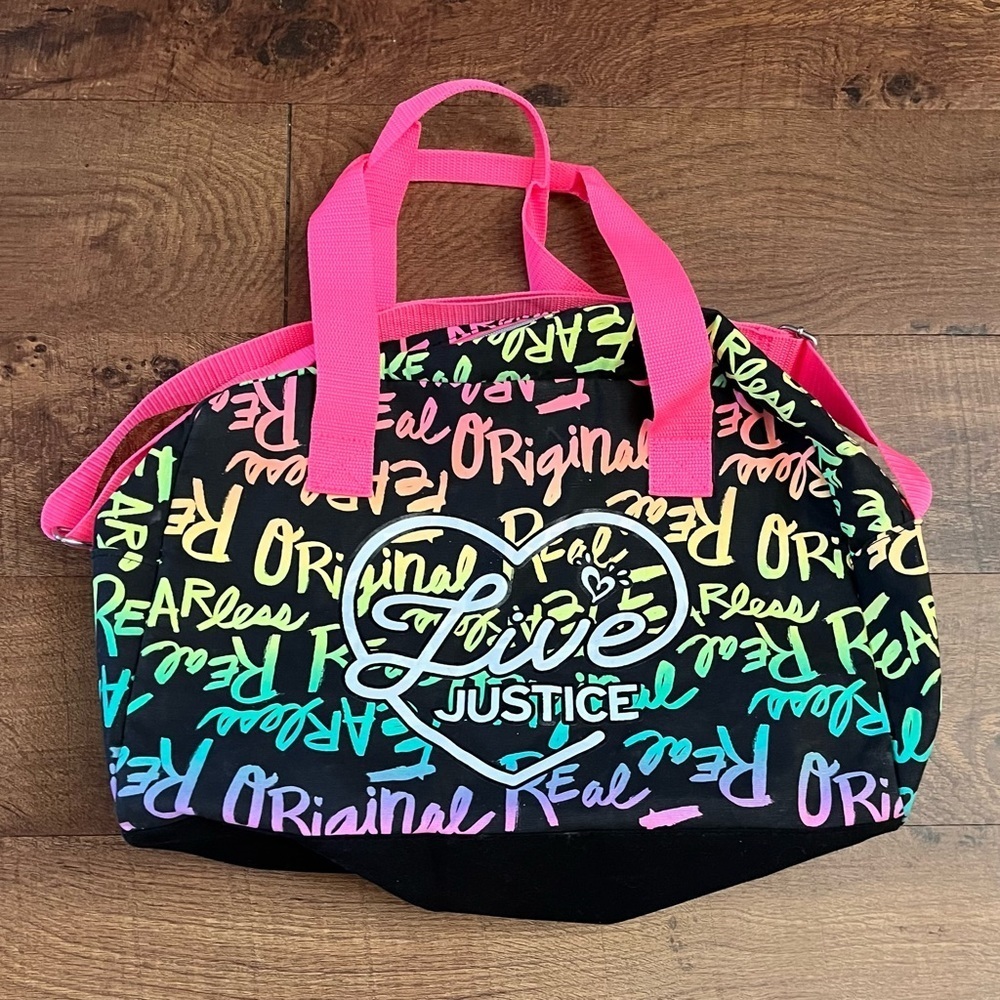 Justice girl LIVE! duffel bag black w/rainbow ombré adjustable strap